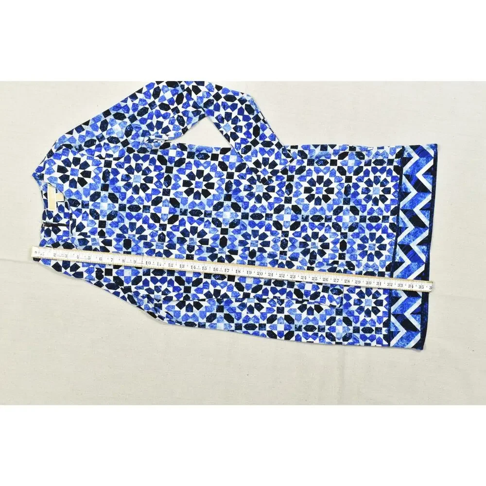 Michael Kors Womens Size S Blue Geometric Mosaic Tile Print Long Sleeve Dress